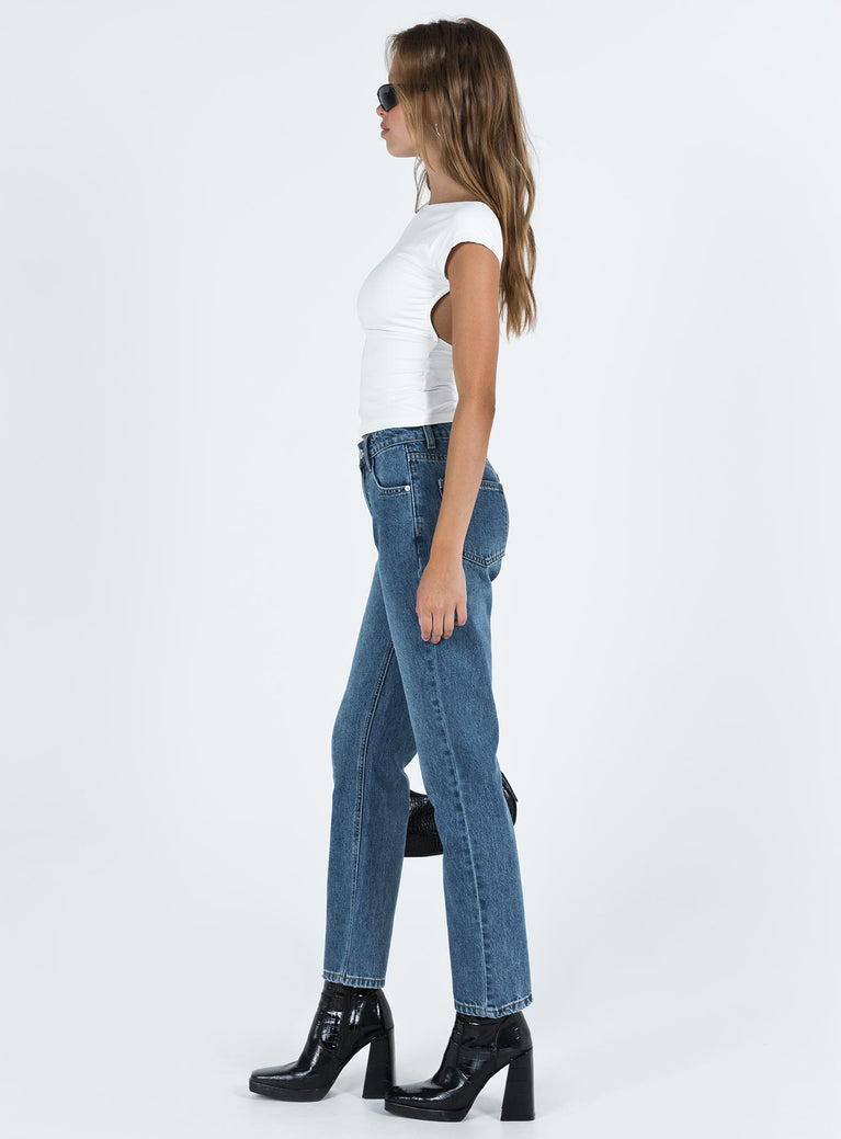 Front view of model wearing  front Princess Polly High Waisted  Noakes Jeans Mid Wash Denim