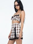 Matching set Plaid print  Lace trimming Crop top   Adjustable shoulder straps  Wired cups  Elasticated back  High waisted mini skirt  High side slit 