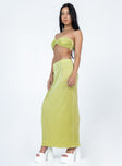 Matching set Silky material  Pleated design  Strapless top  Twisted bust  Midi skirt  Elasticated waistband  Lettuce edge hem 