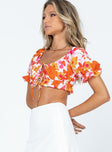 Crop top  Princess Polly Exclusive 100% polyester  Floral print  Elasticated neckline  Puff sleeves  Double tie front fastening  Frill hem  Lined front 