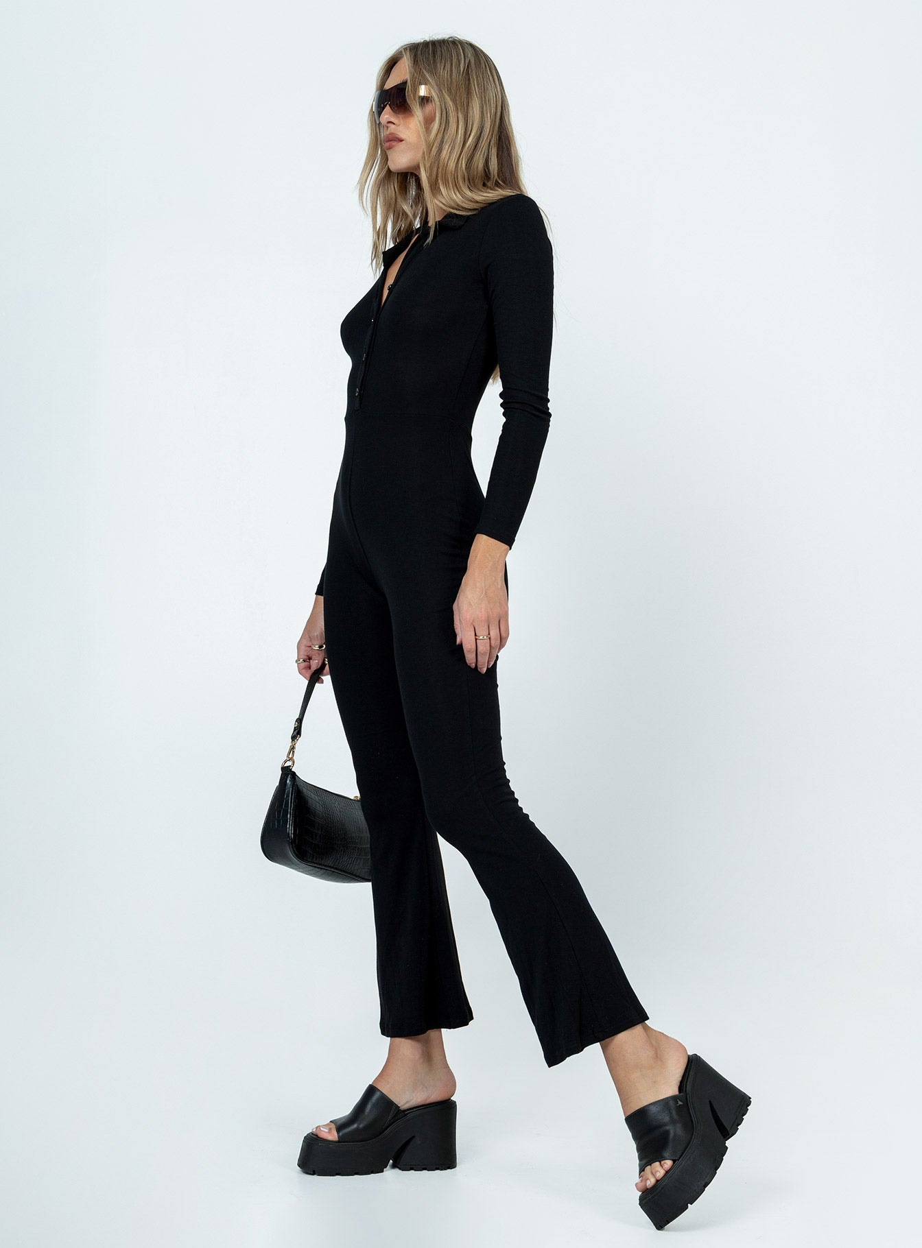 Black long sleeve jumpsuit Classic collar  Button front fastening 