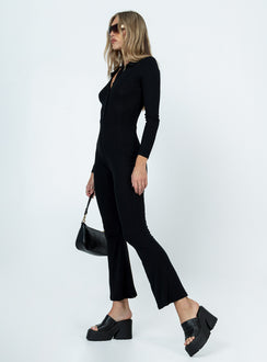 Black long sleeve jumpsuit Classic collar  Button front fastening 