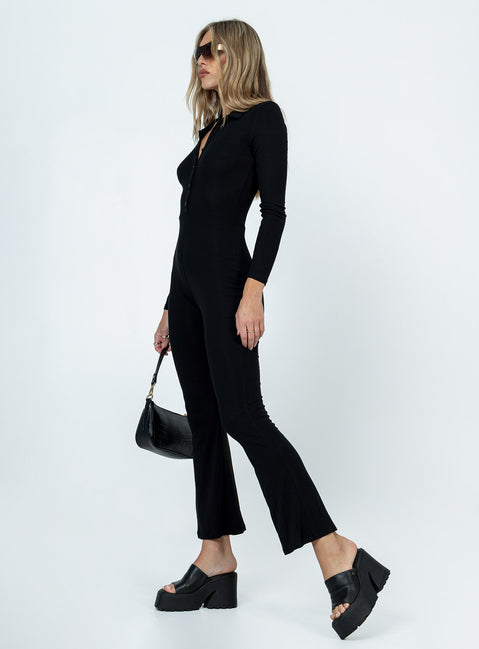 Black long sleeve jumpsuit Classic collar  Button front fastening 