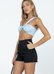 Black shorts High waisted  Wide waistband  Twin hip pockets Invisible zip fastening at side 