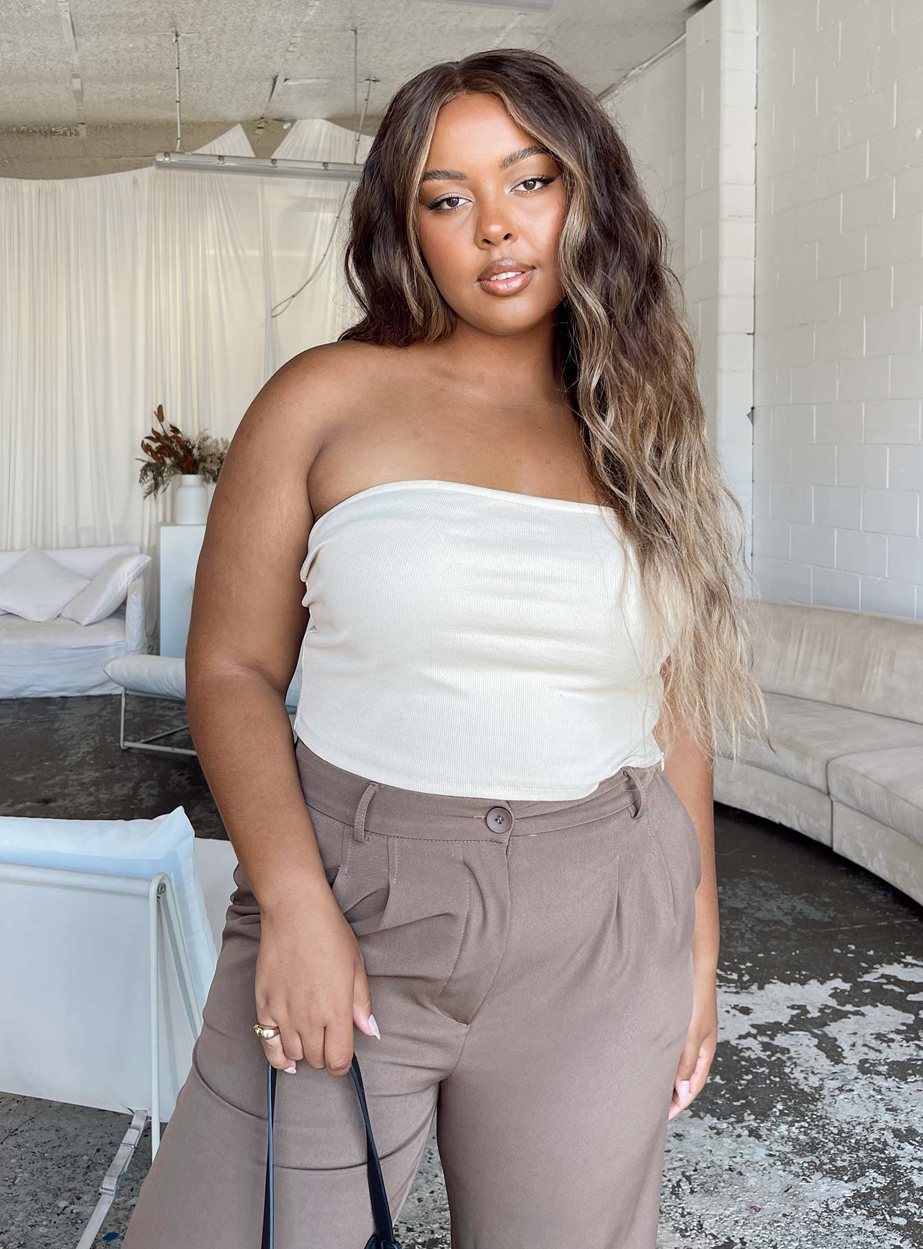 product Princess Polly Sleeveless Crew Neck  Rosehill Strapless Top Beige Curve