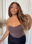 front view of model wearing Princess Polly Aston Strapless Bodysuit Brown Curve Sleeveless Sweetheart 