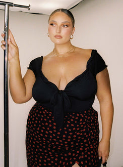 front view of model wearing Princess Polly Medina Bodysuit Black Curve Short Sleeves 