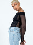 side view of model wearing Princess Polly Marek Off Shoulder Bodysuit Black Full Sleeves straight 