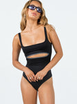 front view of model wearing Princess Polly Halse Bodysuit Black Sleeveless Square Neck 