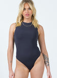 front view of model wearing Princess Polly Fischer Bodysuit Slate Sleeveless Crew Neck 