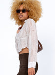 side view of model wearing Princess Polly Oliver Long Sleeve Shirt Beige 