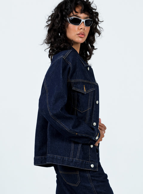Jacket Dark wash denim Classic collar Button fastening at front Twin chest pockets Single button cuff