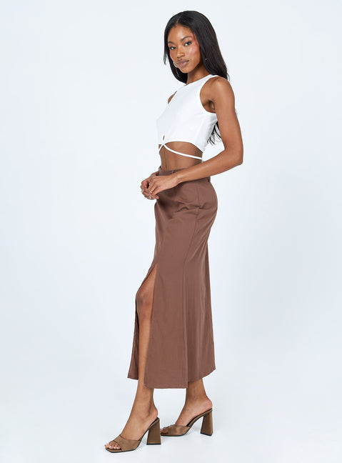   side view of model wearing Princess Polly Siana Maxi Skirt Brown 