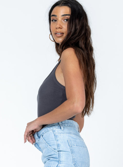 side view of model wearing Princess Polly Camellia Bodysuit Slate Grey Sleeveless Scoop Neck 
