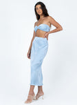 Matching set Silky material  Pleated design  Strapless top  Twisted bust  Midi skirt  Elasticated waistband  Lettuce edge hem 