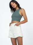 Denim shorts 98% cotton 3% spandex Coloured denim High waisted design Belt looped waist Zip & button fastening Classic five-pocket design Raw edge hem