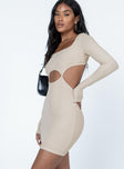 side view of model wearing Princess Polly Zolia Long Sleeve Mini Dress Beige Square Neck 