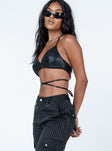 Crop top Faux leather material  Halter neck tie fastening  Wast wrap tie  Non-stretch Fully lined 