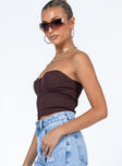 side view of model wearing Princess Polly Oakdale Top Brown Sleeveless Sweetheart 