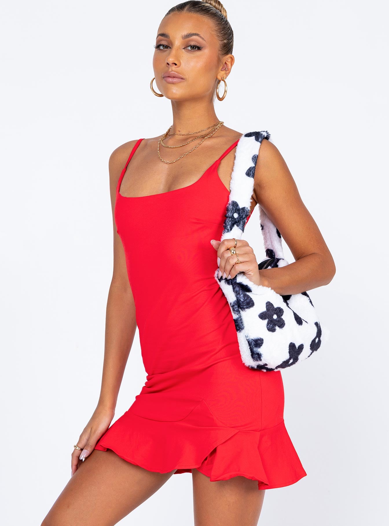 front view of model wearing Princess Polly Kiribati Mini Dress Red 