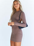 side view of model wearing Princess Polly Jace Mini Dress Brown 