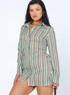 front view of model wearing Princess Polly Anni Stripe Mini Dress Green Multi 