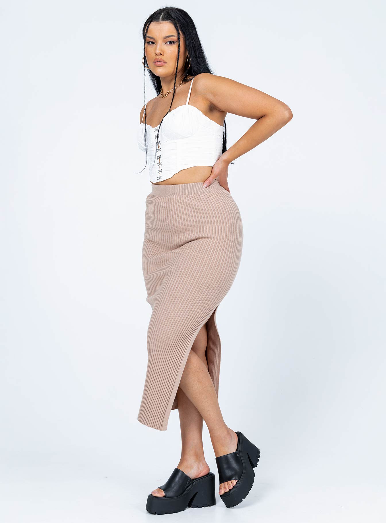 back view of model wearing Princess Polly Tanna Midi Skirt Mushroom 