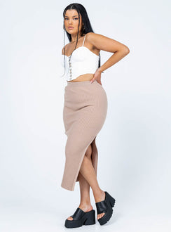 back view of model wearing Princess Polly Tanna Midi Skirt Mushroom 