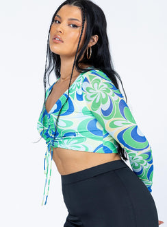 side view of model wearing Princess Polly Wallace Long Sleeve Top Green / Blue 