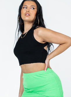 side view of model wearing Princess Polly Reynor Top Black Sleeveless High Neck 