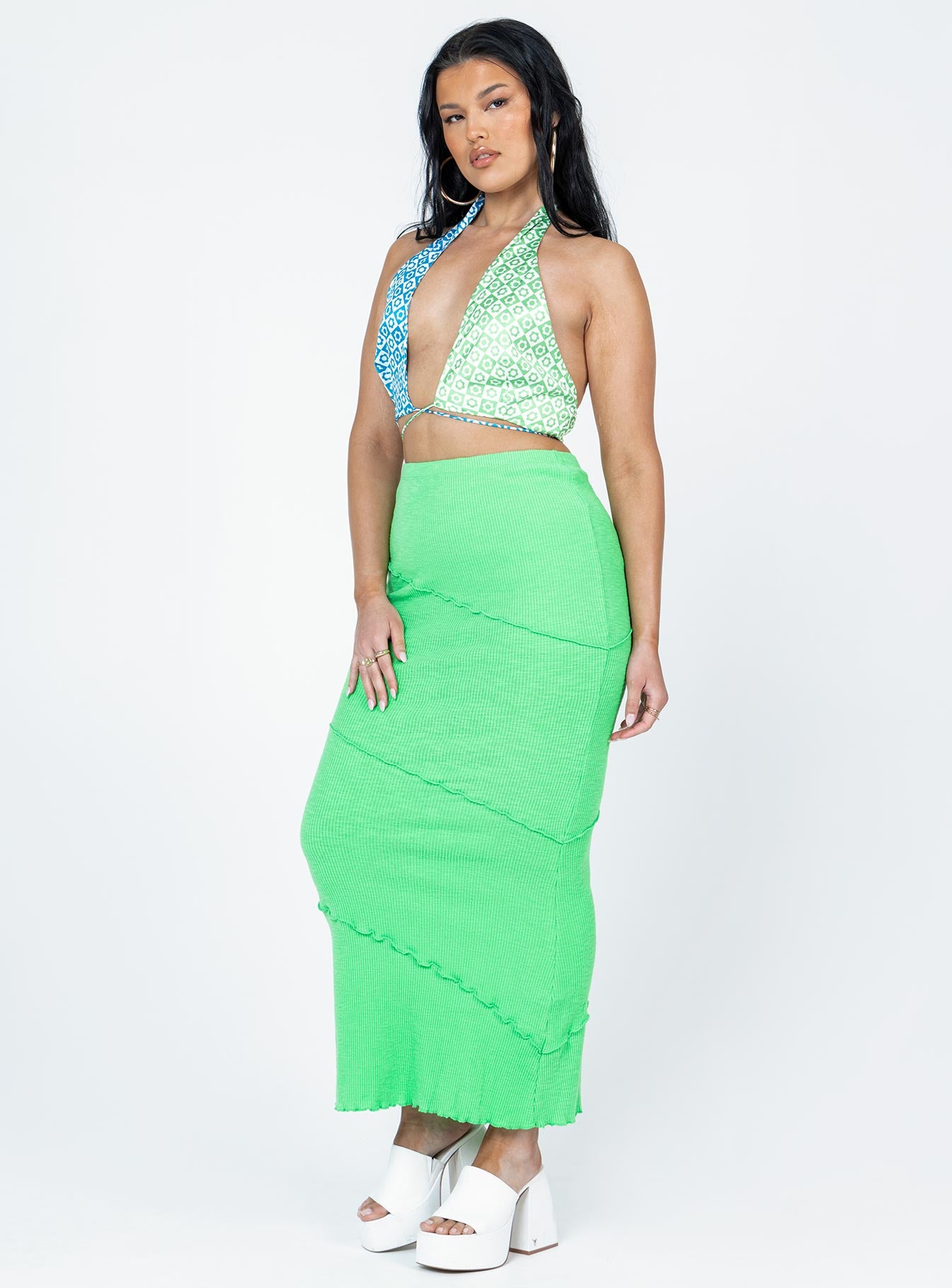   side view of model wearing Princess Polly Oscar Maxi Skirt Apple Green Maxi 