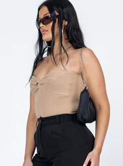 side view of model wearing Princess Polly Kallista Bodysuit Beige Sleeveless Sweetheart 