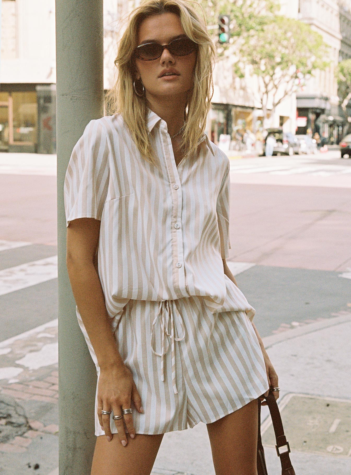 Chloe Short Sleeve Set Beige Stripe