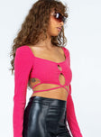 Pink long sleeve top slim fitting Ribbed material Elasticated shoulders Keyhole cut out at bust Waist tie fastening