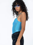 side view of model wearing Princess Polly Brentwood Bodysuit Blue Sleeveless Sweetheart 