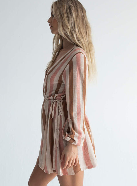 side view of model wearing Princess Polly Chiara Mini Dress Beige Multi 