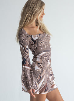 side view of model wearing Princess Polly Corban Mini Dress Brown 