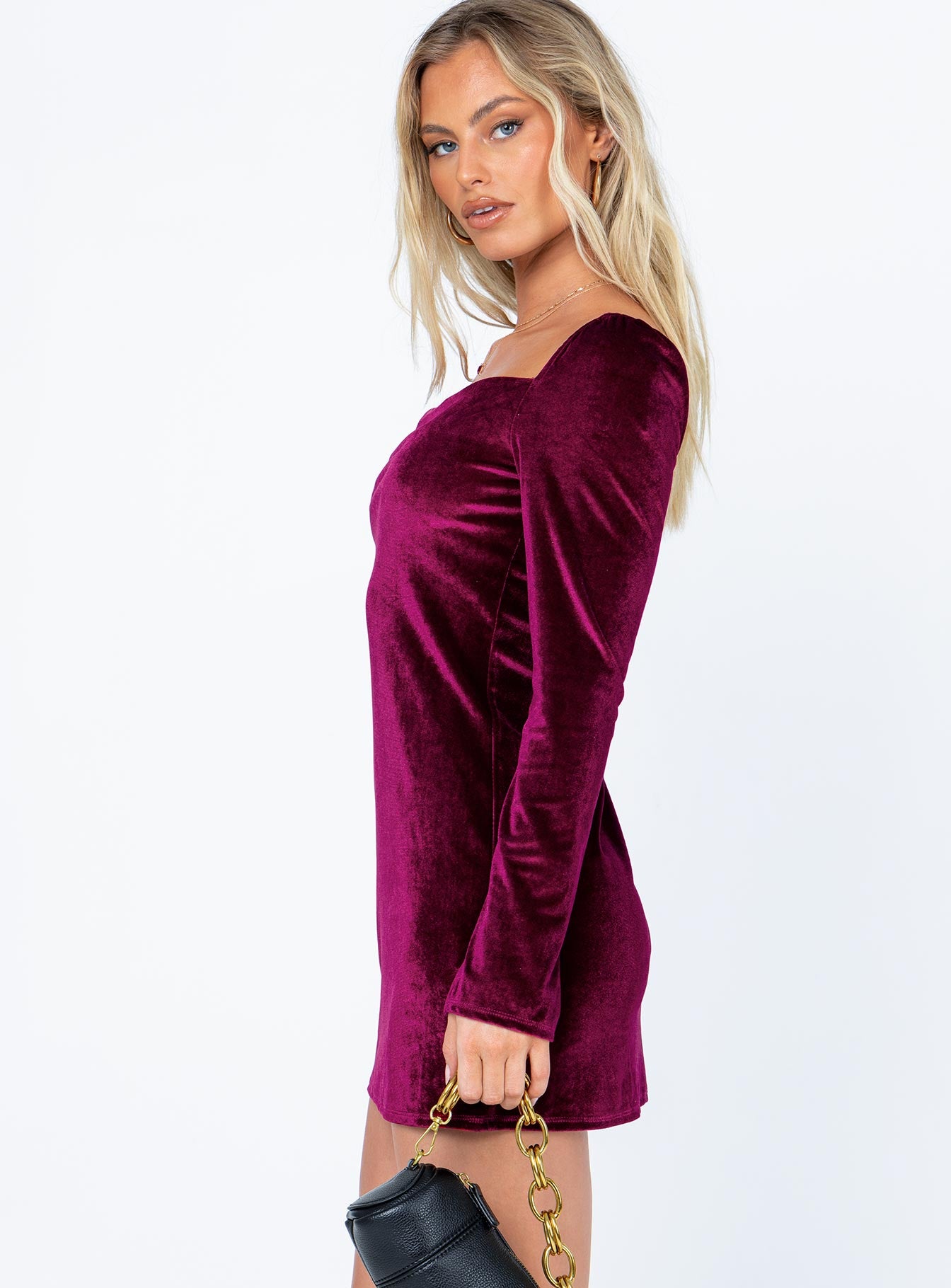 side view of model wearing Princess Polly Star Power Velvet Mini Dress Burgundy 