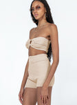 Matching set Soft knit material  Strapless crop top  Ring detail at bust  High waisted shorts  Elasticated waistband  Fitted at leg 