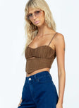 Brown crop top Adjustable shoulder straps  Gathered bust  Cut out detail  Boning through front  Invisible zip fastening at side 