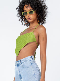 side view of model wearing Princess Polly Vermont Top Green Sleeveless Scoop Neck 