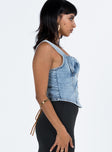 Corset top Light wash denim Fixed shoulder straps Plunging neckline Silver toned hardware Button fastening at front Lace up with tie fastening at back