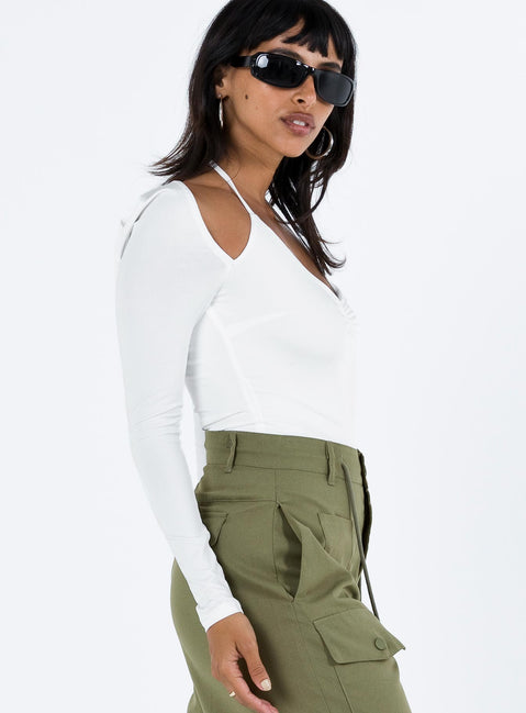 side view of model wearing Princess Polly Shari Bolero Bodysuit White Full Sleeves Plunger 