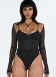 front view of model wearing Princess Polly Archo Mesh Bodysuit Black Full Sleeves Scoop Neck 