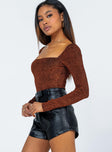 side view of model wearing Princess Polly Charlotte Bodysuit Brown Glitter Full Sleeves Square Neck 