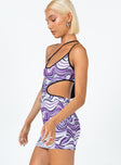 side view of model wearing Princess Polly Benjamin Mini Dress Purple Multi 