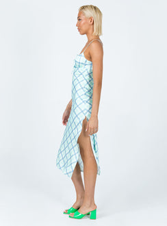 side view of model wearing Princess Polly Kirra Midi Dress Green / Blue 