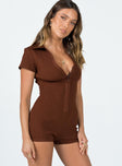 Playsuit Ribbed material  Classic collar  Cap sleeves  Zip front fastening  Short leg