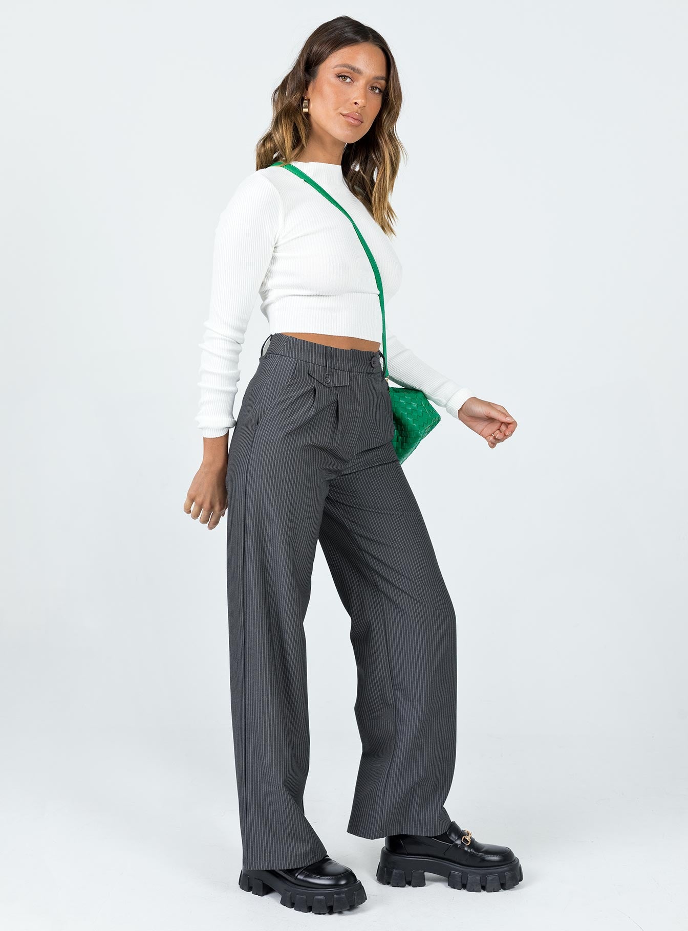 side view of model wearing Princess Polly Karcher Pants Black 