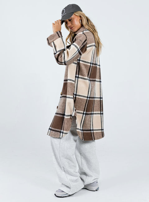 Coat Plaid print Classic collar Button fastening at front Twin chest pockets Single button cuff